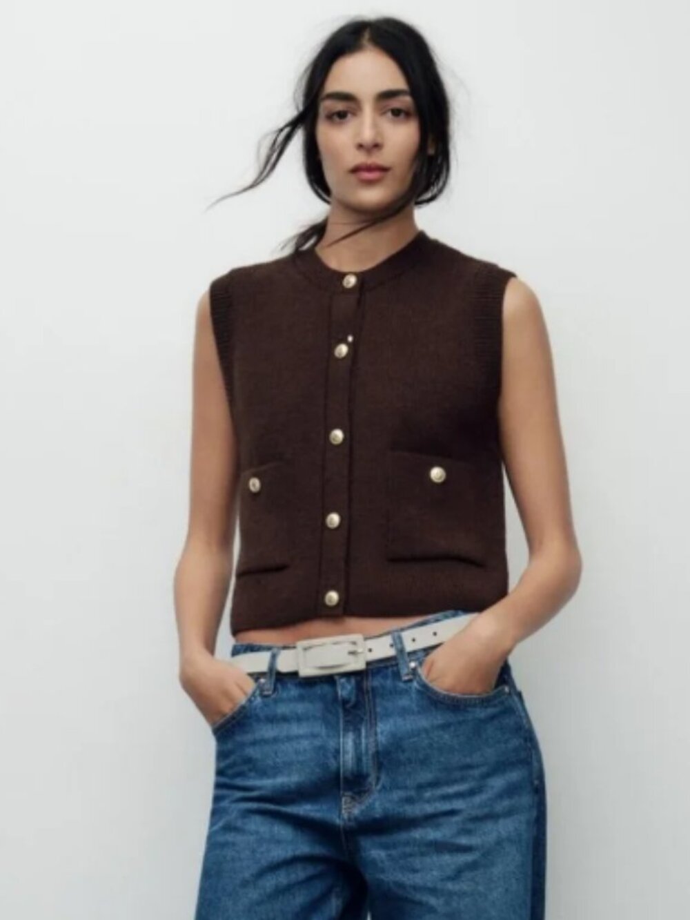 Zara Brown Knit Vest Womens M 6 Gold Crest Button Sleeveless Cardigan Cropped